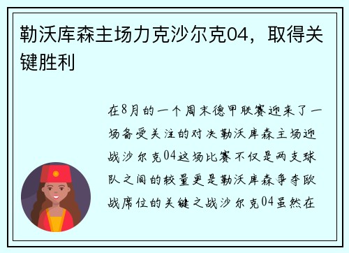勒沃库森主场力克沙尔克04，取得关键胜利