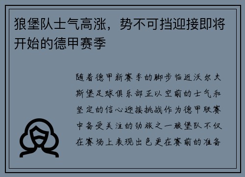 狼堡队士气高涨，势不可挡迎接即将开始的德甲赛季
