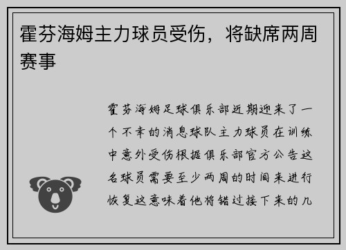 霍芬海姆主力球员受伤，将缺席两周赛事